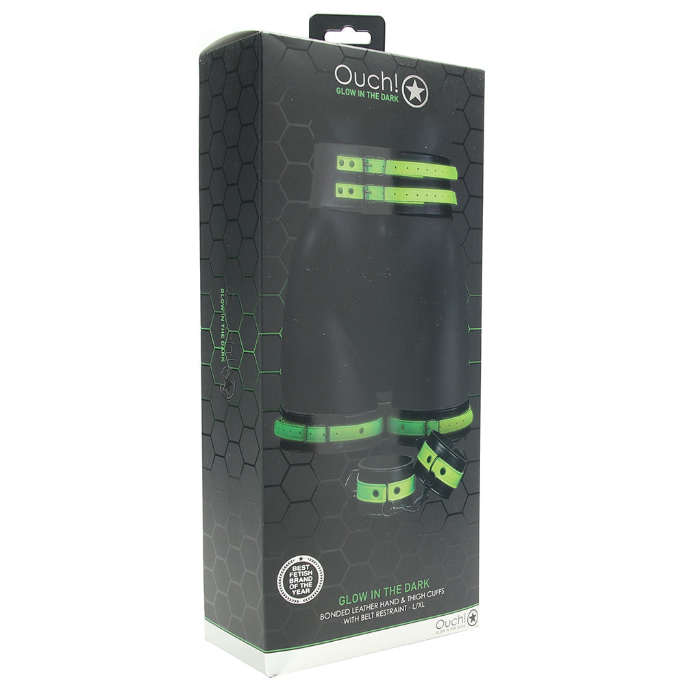 Ouch! Glow Bondage Belt: Luxurious Vegan Leather Restraint Set with Thigh & Wrist Cuffs (L-XL)