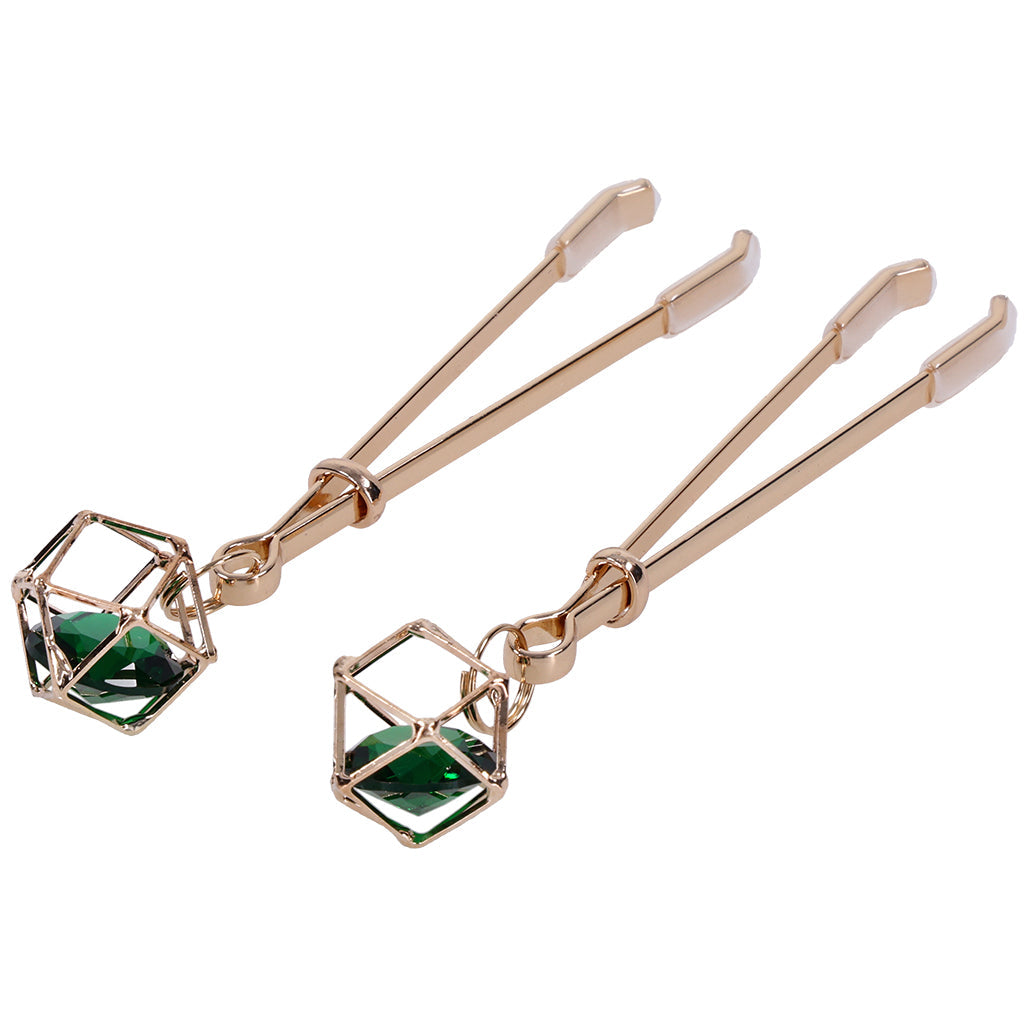 Indica Crystal Nipple Clips by Sex & Mischief - Adjustable Emerald & Gold Luxury